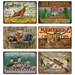 6-delars metallväggplåtar med western jaktstuga och viltmotiv