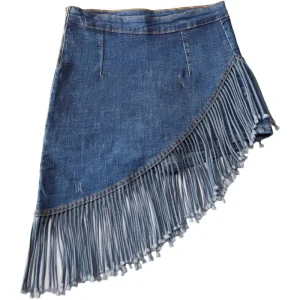 Asymmetrisk frans denim cowboykjol med inbyggda shorts