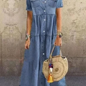 Avslappnad western denimmaxiklänning med korta ärmar