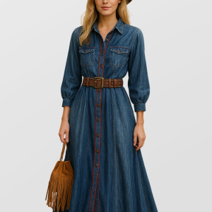 Blå denim midi klänning med blommigt broderi och bälte