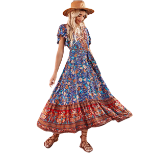 Blommig bohemisk western v-ringad maxiklänning