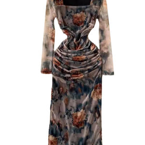 Blommig westernklänning med fyrkantig halsringning och rynkad midja