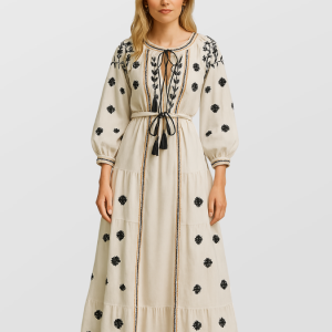 Bohemisk broderad bomullsblandad westernklänning med långa ärmar och knytmidja