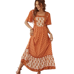 Bohemisk fyrkantig urringning blommönstrad westernmaxiklänning