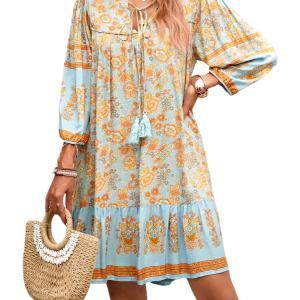 Boho-blommig v-ringad cowboy miniklänning med tofsar