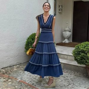 Boho western ärmlös v-ringad klänning med tofsar