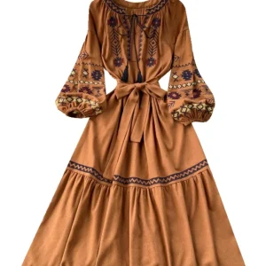 Boho western broderad bomullslinne maxiklänning med puffärmar