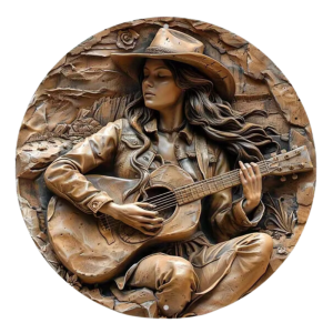 Brons cowgirl gitarr western metall väggplatta