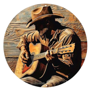 Cowboy som spelar gitarr rund metallväggplatta