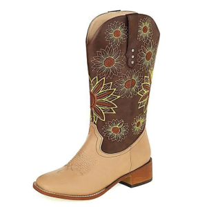 Dams bruna broderade solroswestern cowboy boots med fyrkantig klack