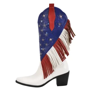 Dams knähöga flervärgade patriotiska cowboy boots med fransar och stjärnor