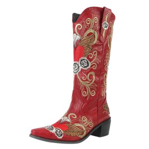 Dams rött hjärta och floralt broderade midkalv cowboy boots