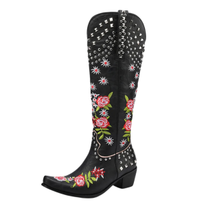 Damsvarta blommiga broderade western cowboy boots med nitdetaljer