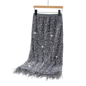 Grå paljett och fjäder kalvlång westernkjol