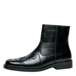 Herr äkta läder ankel cowboy boots med dragkedja och broderi