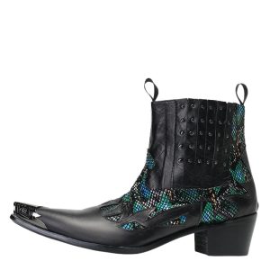 Herr läder patchwork cowboy ankelboots med metalltå