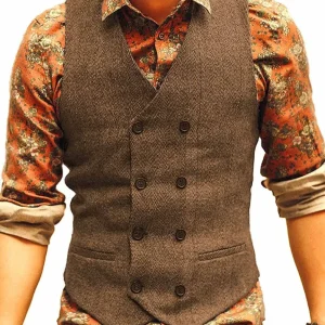 Herr western dubbelknäppt fiskbensmönstrad ullkostymväst