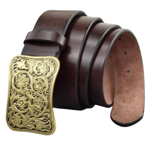 Herrs vintage läderbälte med blommig mässingsspänne