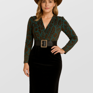 Högmidjad blommig sammets westernklänning med långa ärmar och bälte