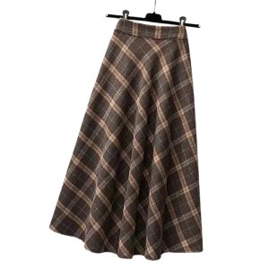 Högmidjad lång rutig ull western kjol