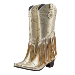 Kvinnliga nittade fransiga knähöga cowgirl boots
