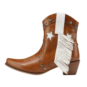 Kvinnors bruna fransade cowboy-ankelboots med stjärnbroderi