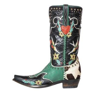 Kvinnors färgglada broderade cowboy boots med hjärt- och kohudmönster