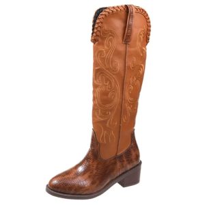 Kvinnors knähöga cowboy boots med flätad kant och präglat mönster