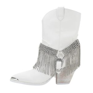 Läder cowboy booties med rhinstens-tasslar och metallspänne