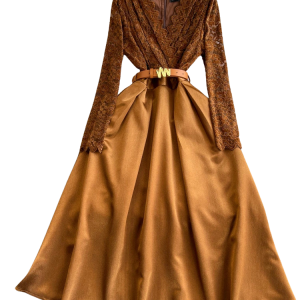 Western satin midi klänning med spetspatchwork och bälte