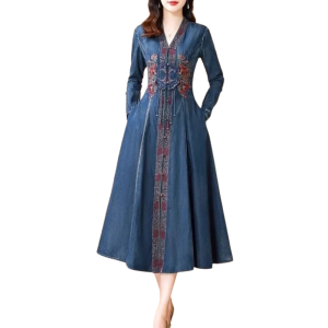 Western v-ringad jeansklänning med broderi och långa ärmar