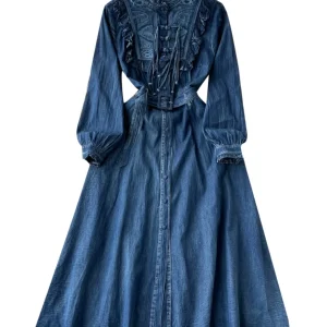Western vintage denim maxi klänning med broderad överdel