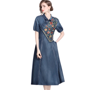 Vintage denim blommig broderad westernklänning med korta ärmar